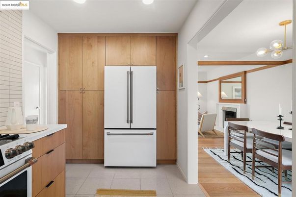 Dining room, Fireplace, Interior, Kitchen, Recessed Lighting, Wood Texture Flooring