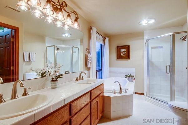 Bathroom, Dual Sink Vanities, Glass Shower, Interior, Recessed Lighting, Tile Countertops