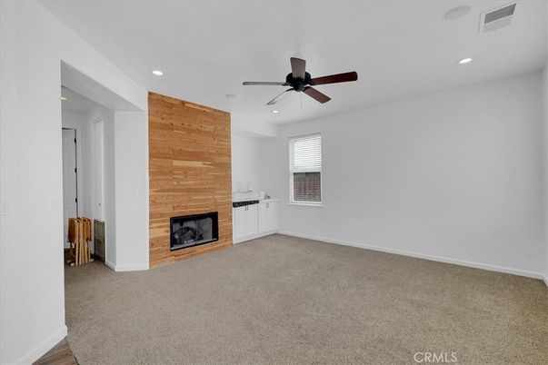 Empty room, Fireplace, Interior, Recessed Lighting, Wooden Walls
