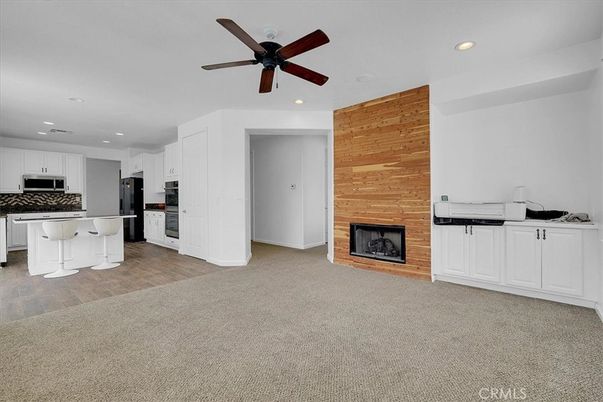 Fireplace, Interior, Kitchen, Recessed Lighting, Wooden Walls