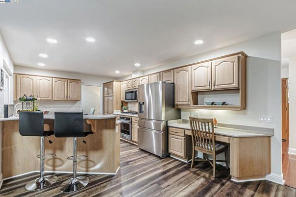 Interior, Kitchen, Recessed Lighting, Stainless Steel Appliances, Wood Texture Flooring