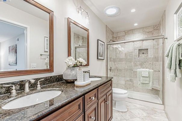 Bathroom, Dual Sink Vanities, Glass Shower, Interior, Recessed Lighting