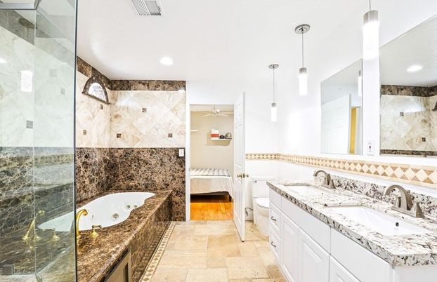 Bathroom, Dual Sink Vanities, Glass Shower, Interior, Pendant Lights, Recessed Lighting