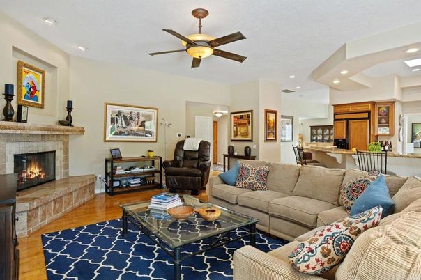 Dining room, Fireplace, Interior, Kitchen, Living room, Recessed Lighting, Wood Texture Flooring