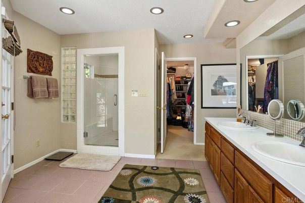 Bathroom, Dual Sink Vanities, Glass Shower, Interior, Recessed Lighting, Walk-in Closets