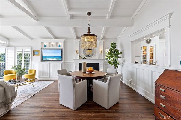 Dining room, Fireplace, Interior, Pendant Lights, Wood Texture Flooring