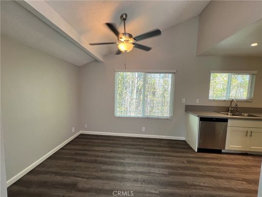 Empty room, Interior, Kitchen, Recessed Lighting, Wood Texture Flooring