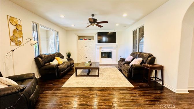 Fireplace, Interior, Living room, Recessed Lighting, Wood Texture Flooring