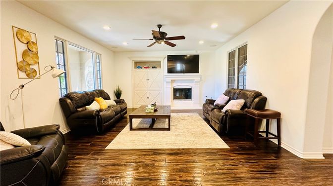 Fireplace, Interior, Living room, Recessed Lighting, Wood Texture Flooring