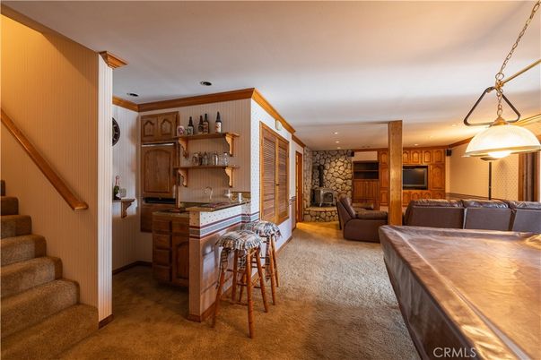 Fireplace, Interior, Kitchen, Living room, Recessed Lighting, Stone Walls