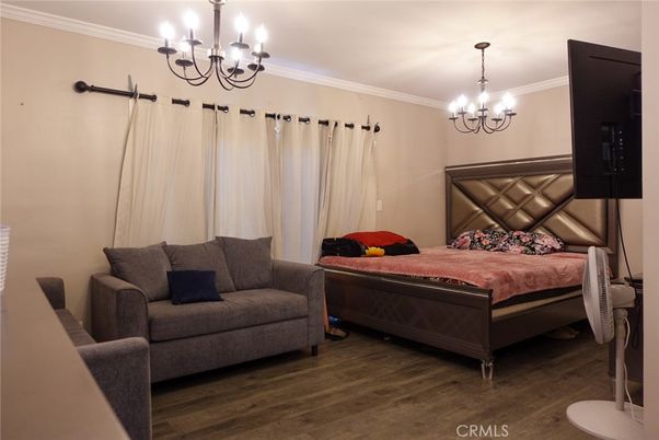 Bedroom, Chandelier, Interior, Wood Texture Flooring