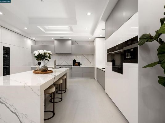 Interior, Kitchen, Marble Walls, Recessed Lighting, Stainless Steel Appliances
