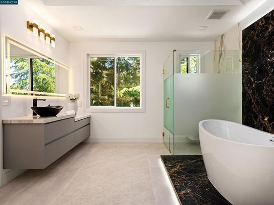 Bathroom, Dual Sink Vanities, Free Standing Baths, Glass Shower, Interior, Marble, Marble Walls