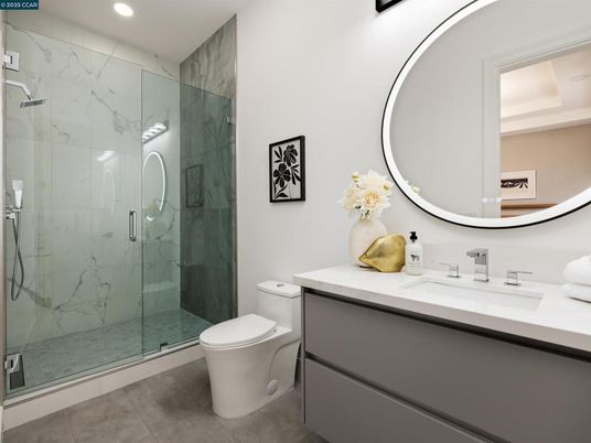 Bathroom, Glass Shower, Interior, Marble Walls, Recessed Lighting