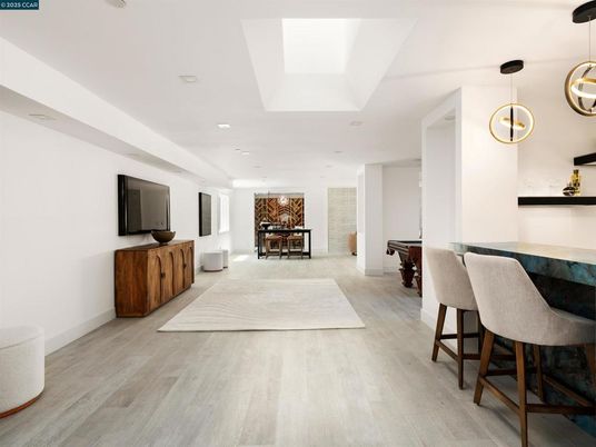 Dining room, Interior, Pendant Lights, Recessed Lighting, Wood Texture Flooring