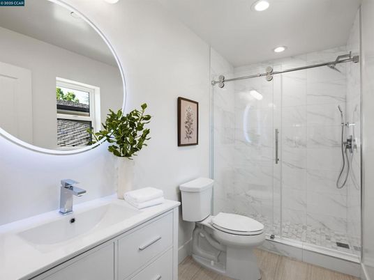 Bathroom, Glass Shower, Interior, Marble Walls, Recessed Lighting, Wood Texture Flooring