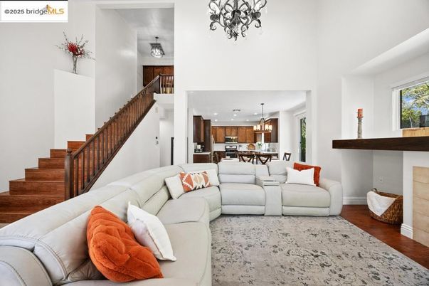 Chandelier, Dining room, Interior, Kitchen, Living room, Pendant Lights, Recessed Lighting, Wood Texture Flooring