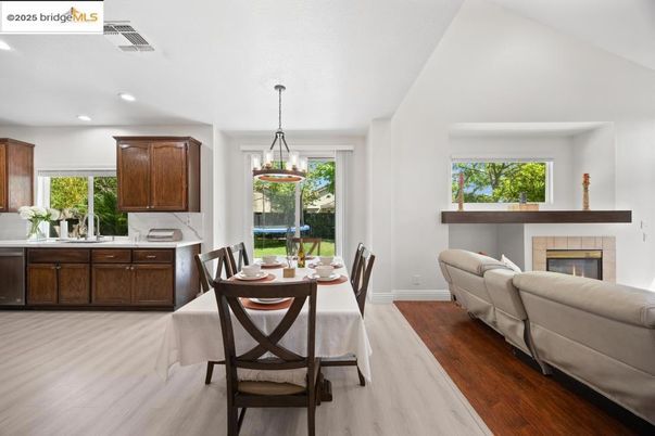 Dining room, Fireplace, Interior, Kitchen, Living room, Pendant Lights, Recessed Lighting, Wood Texture Flooring
