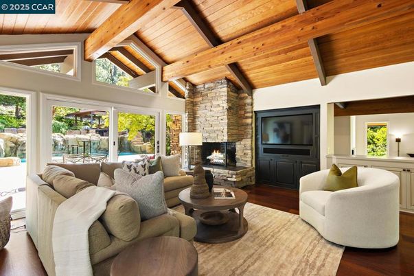 Fireplace, Interior, Living room, Stone Walls, Wooden Beams, Wooden Ceilings, Wood Texture Flooring