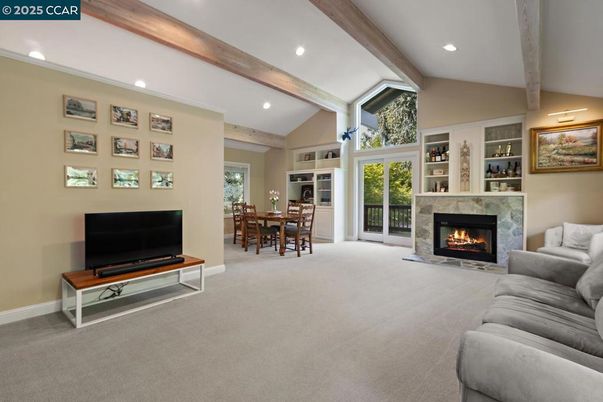 Dining room, Fireplace, Interior, Living room, Recessed Lighting, Wooden Beams