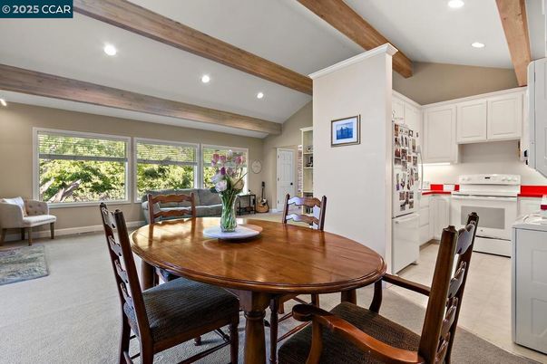 Dining room, Interior, Kitchen, Recessed Lighting, Wooden Beams
