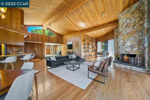 Dining room, Fireplace, Interior, Living room, Stone Walls, Wooden Beams, Wooden Ceilings, Wood Texture Flooring, Wooden Walls