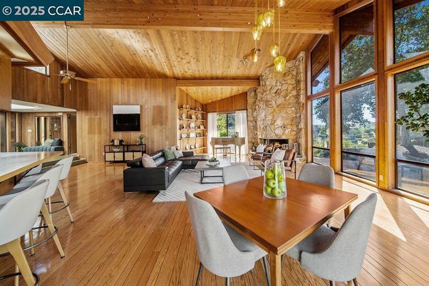 Dining room, Fireplace, Interior, Living room, Pendant Lights, Stone Walls, Wooden Beams, Wooden Ceilings, Wood Texture Flooring, Wooden Walls