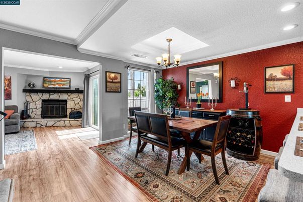 Chandelier, Dining room, Fireplace, Interior, Recessed Lighting, Wood Texture Flooring