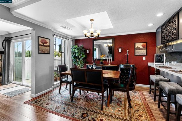 Chandelier, Dining room, Interior, Recessed Lighting, Wood Texture Flooring