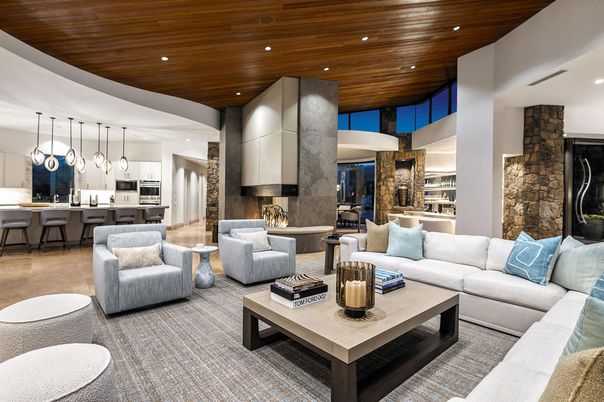 Fireplace, Interior, Kitchen, Living room, Pendant Lights, Recessed Lighting, Stainless Steel Appliances, Stone Walls, Wooden Ceilings