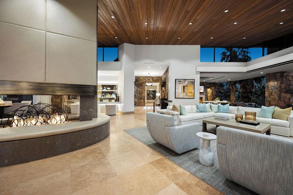 Fireplace, Interior, Living room, Recessed Lighting, Stone Walls, Wooden Ceilings