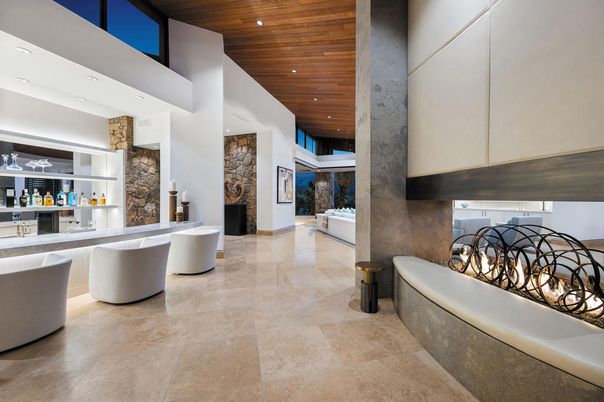 Fireplace, Interior, Recessed Lighting, Stone Walls, Wooden Ceilings