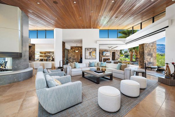 Fireplace, Interior, Living room, Pendant Lights, Recessed Lighting, Stone Walls, Wooden Ceilings