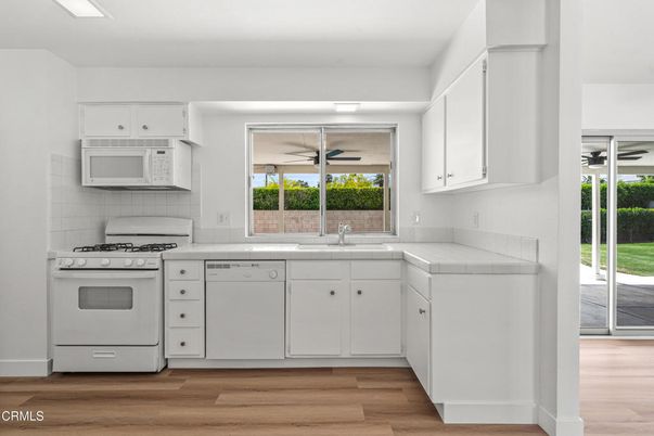 Interior, Kitchen, Tile Countertops, Wood Texture Flooring