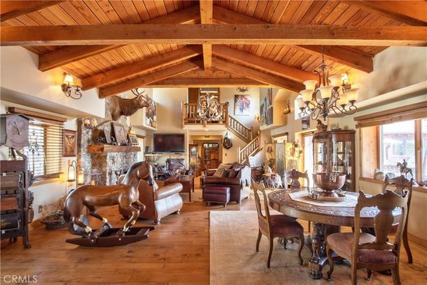 Chandelier, Dining room, Fireplace, Interior, Living room, Wooden Beams, Wooden Ceilings, Wood Texture Flooring