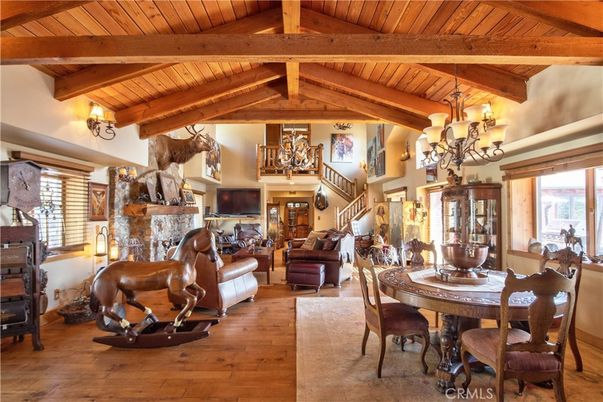 Chandelier, Dining room, Fireplace, Interior, Living room, Wooden Beams, Wooden Ceilings, Wood Texture Flooring