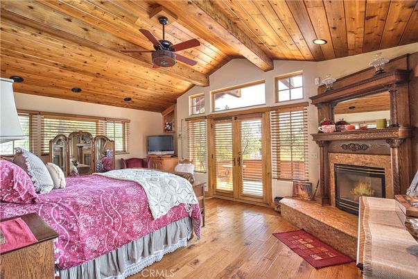Bedroom, Fireplace, Interior, Recessed Lighting, Wooden Beams, Wooden Ceilings, Wood Texture Flooring
