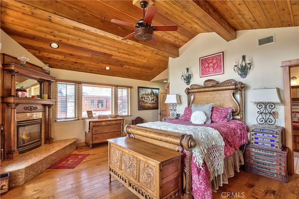 Bedroom, Fireplace, Interior, Recessed Lighting, Wooden Beams, Wooden Ceilings, Wood Texture Flooring