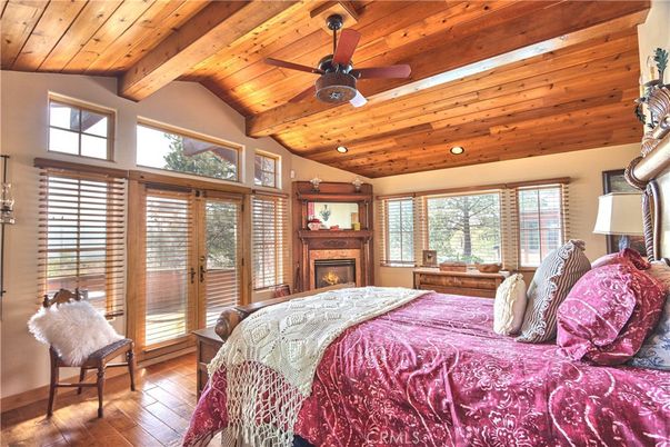 Bedroom, Fireplace, Interior, Recessed Lighting, Wooden Beams, Wooden Ceilings, Wood Texture Flooring