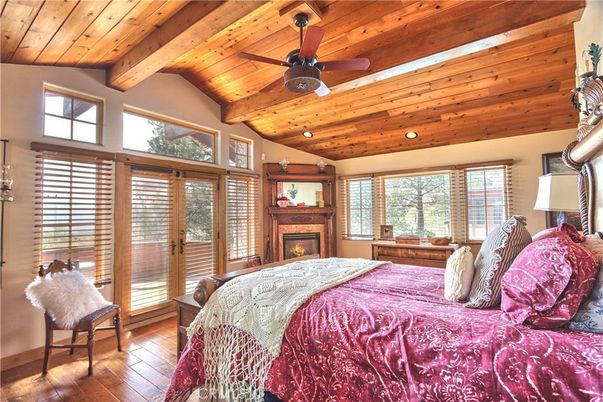 Bedroom, Fireplace, Interior, Recessed Lighting, Wooden Beams, Wooden Ceilings, Wood Texture Flooring