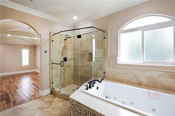 Bathroom, Glass Shower, Interior, Recessed Lighting, Wood Texture Flooring