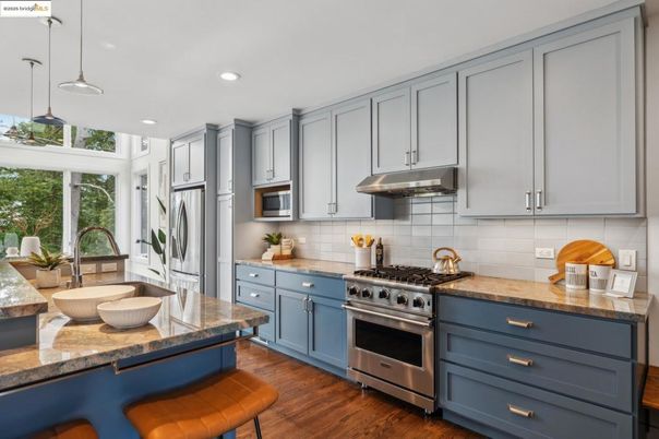 Interior, Kitchen, Pendant Lights, Recessed Lighting, Stainless Steel Appliances, Wood Texture Flooring