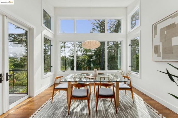 Dining room, Interior, Pendant Lights, Sun Room, Wood Texture Flooring
