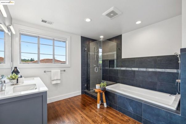 Bathroom, Glass Shower, Interior, Recessed Lighting, Wood Texture Flooring