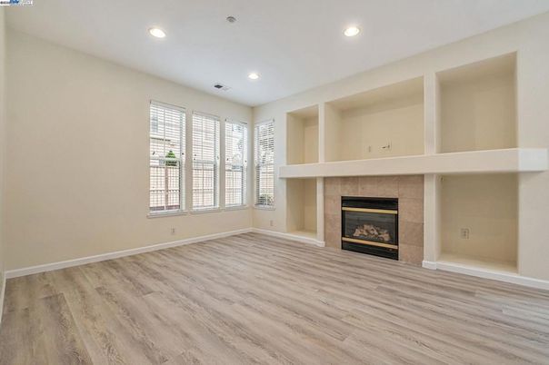 Empty room, Fireplace, Interior, Recessed Lighting, Wood Texture Flooring