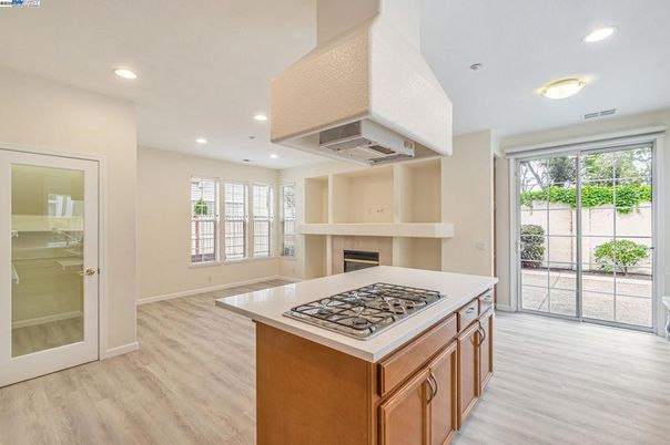 Fireplace, Interior, Kitchen, Recessed Lighting, Wood Texture Flooring