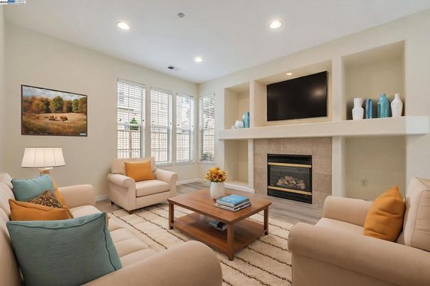 Fireplace, Interior, Living room, Recessed Lighting, Wood Texture Flooring
