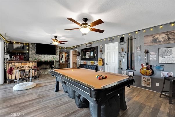 Billiard Table, Fireplace, Game Room, Interior, Wood Texture Flooring