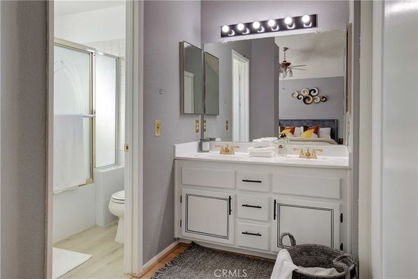 Bathroom, Dual Sink Vanities, Glass Shower, Interior, Wood Texture Flooring