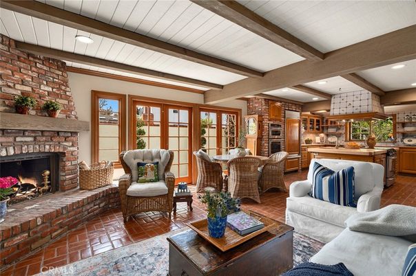 Dining room, Fireplace, Interior, Kitchen, Living room, Recessed Lighting, Stone Walls, Wooden Beams